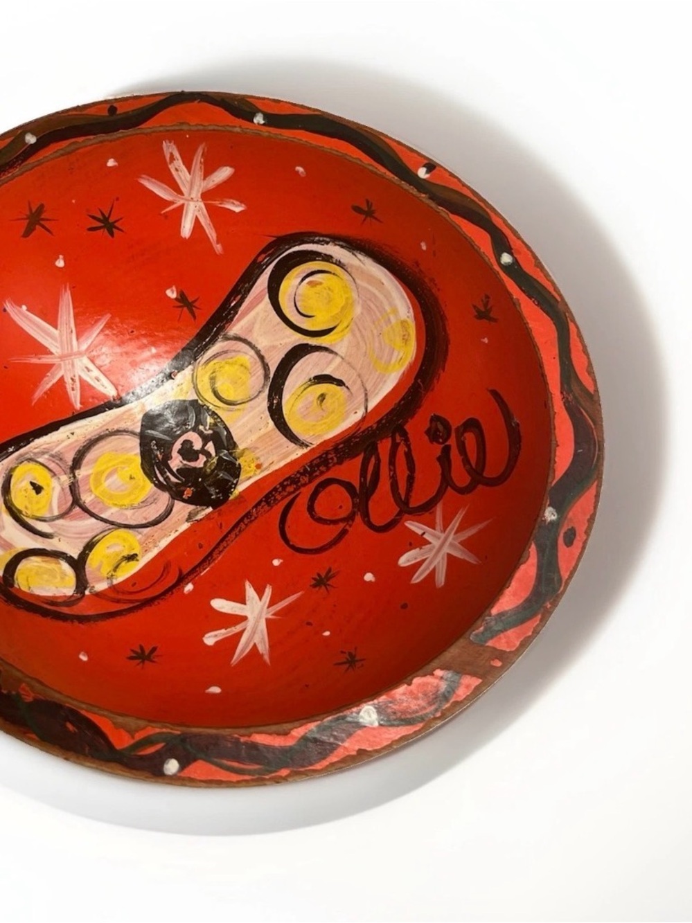 1962 Hand-Painted Reddish/Orangr Decorative Wooden Bowl with 'Ollie' Script